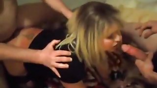 Blonde slut has sex with 3 guys