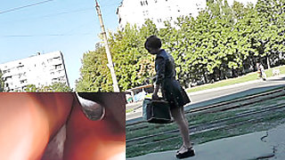 Upskirt free footage presents young girl in dark skirt